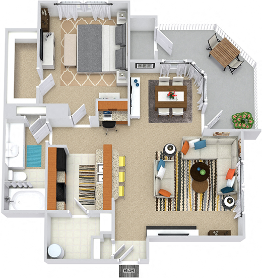 Floor plan for 1 bed, 1 bath, 832 sqft